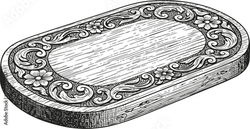 Wooden tray with ornate floral carvings and decorative engraved border design