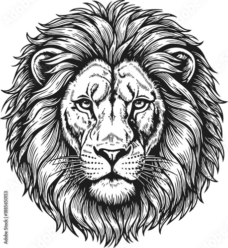 Powerful lion head illustration with detailed mane and intense gaze, symbolizing strength and leadership