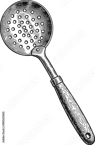 Vintage perforated metal skimmer spoon with wooden handle, kitchen utensil for frying and draining