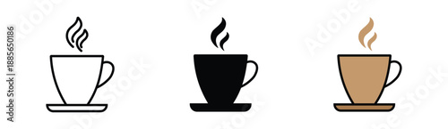 Hot Coffee Cup Icon Set in Line, Solid and Filled Outline Colorful Style – Steaming Coffee Mug Vector Signs for Cafe, Beverage, Breakfast, and Hot Drink Concepts.