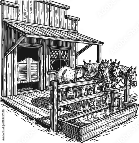 Old western stable with three horses drinking water from trough on wooden platform