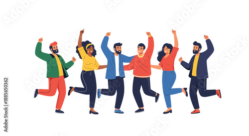 A diverse group of happy people are dancing and celebrating together with joy.