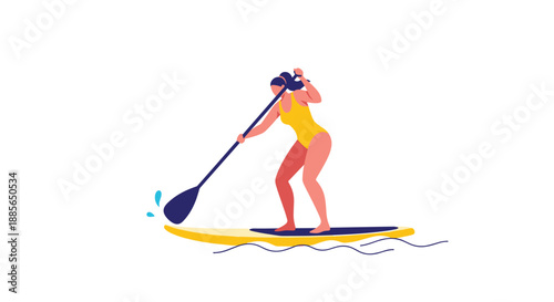 A woman is paddleboarding on a sunny day.