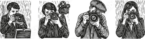 Four vintage photographers capturing moments with classic cameras in black and white sketch