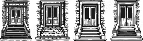 four vintage wooden door entrances with stairs and stone walls in black and white sketch