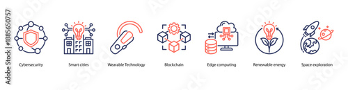 Future City and Space Innovation web banner icon vector illustration featuring Cybersecurity, Smart Cities, Wearable Technology, Blockchain, Edge Computing, Renewable Energy, and Space Exploration.