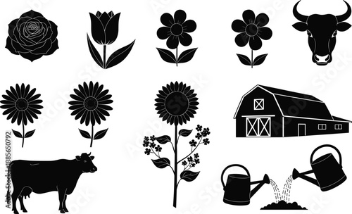 Farm garden floral and livestock silhouette vector collection, rustic barn flowers cow bull watering can icons for crafting, farmhouse design, agriculture illustration