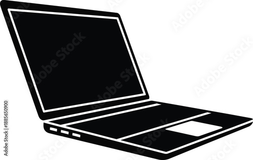 A minimalist black silhouette icon representing a modern laptop computer on a white background.