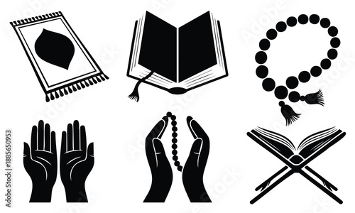 Set bundle Ramadan silhouette showing prayer rug holy book and prayer beads