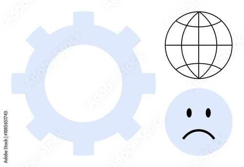 Technology and emotions. The interplay of technology is ed by a gear, global connectivity by a globe, and human emotion by a sad face. For innovation, connectivity, humanity, emotions, and global
