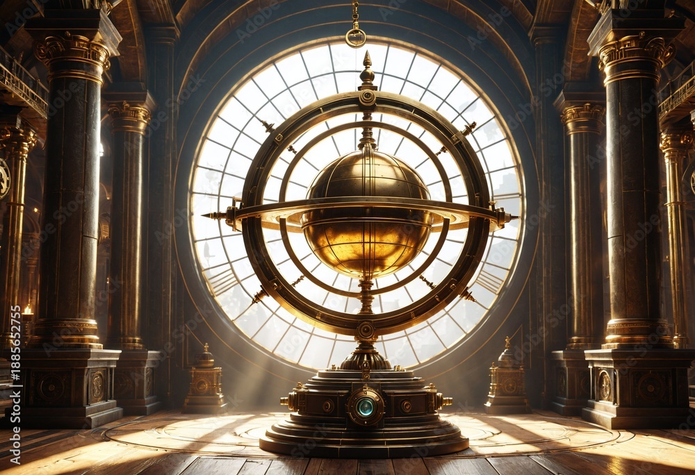 Obraz premium Antique golden armillary sphere in a classic library with large circular window and divine sunlight beams