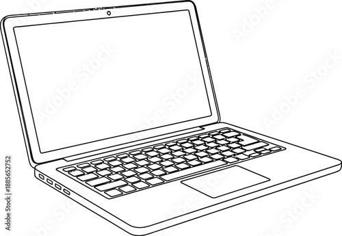 A simple black and white outline drawing of an open laptop computer on a white background