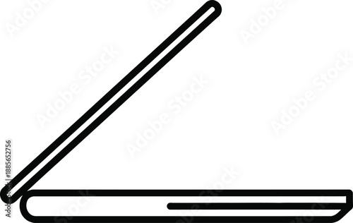 A simple line art illustration showcasing a flatbed scanner with its lid partially opened