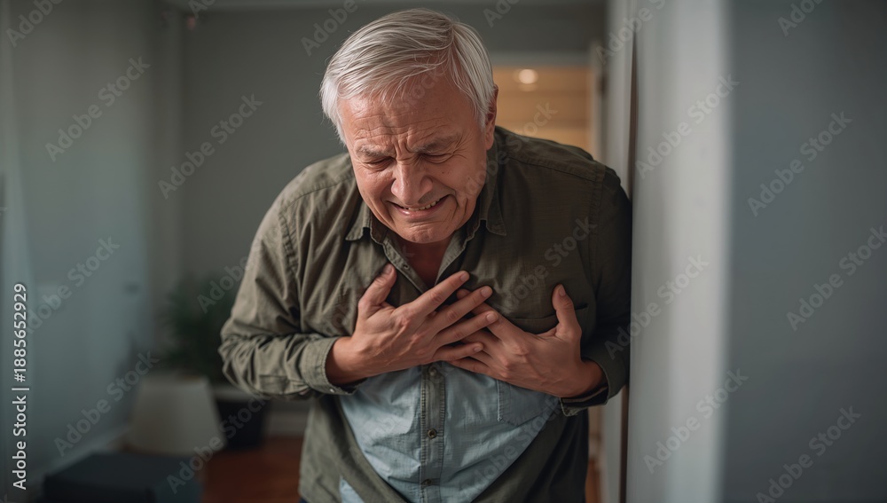 Fototapeta premium An elderly man clutches his chest in pain, expressing discomfort