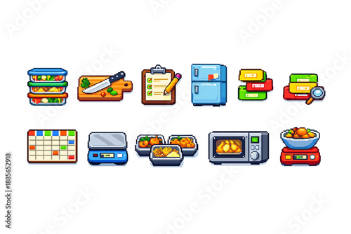 Icon set: meal prep flat collection with food storage and cooking essentials