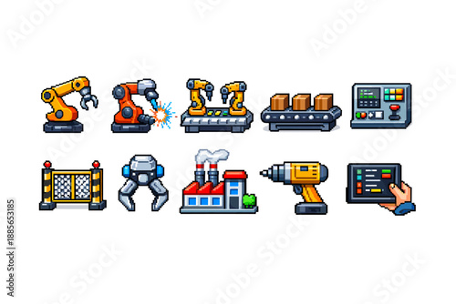 Industrial automation icon set. Modern technology, machinery flat icons collection