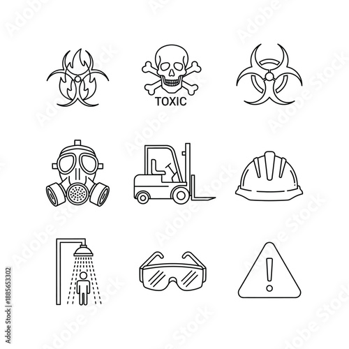 Black and White Toxic Hazard & Safety Equipment Icons Set - Gas Mask, Biohazard, Radiation, Protective Gear Vector Collection for Workplace Safety