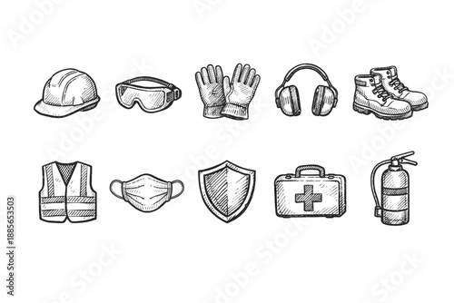 Safety equipment sketch icon set. Workplace, ppe, protective gear, line art collection