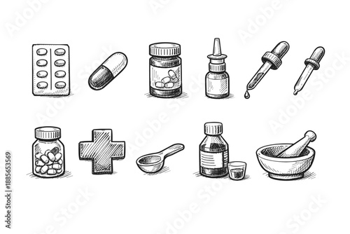 Medical and pharmacy sketch icon set. Hand-drawn healthcare and medicine icons collection
