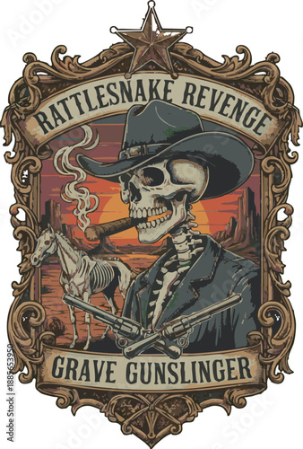 Cowboy Skeleton Outlaw Mascot: Vintage Western Gunslinger Illustration T-Shirt Design