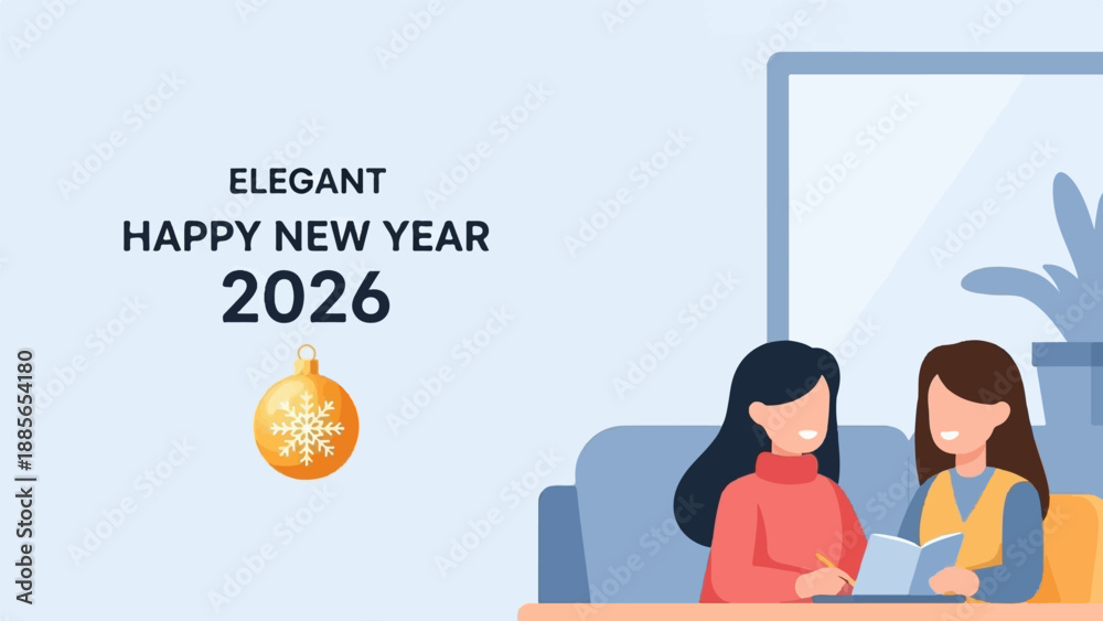 Naklejka premium Elegant 2026 New Year celebration with two friends reading
