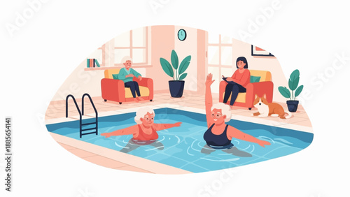 Elderly women exercise in a pool, while others relax with a dog