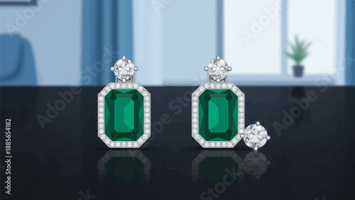 Elegant emerald and diamond earrings displayed on a reflective surface