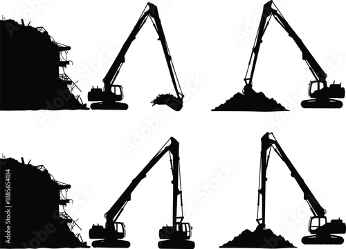 Excavator silhouette vector, construction and demolition machinery, building site equipment, heavy industrial claw arm, debris handling, urban development illustration