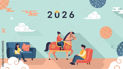 Diverse people enjoying leisure time with a horse and calendar year 2026 illustration