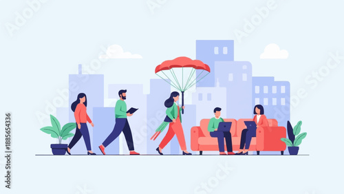 Diverse people in a city environment with a parachute overhead