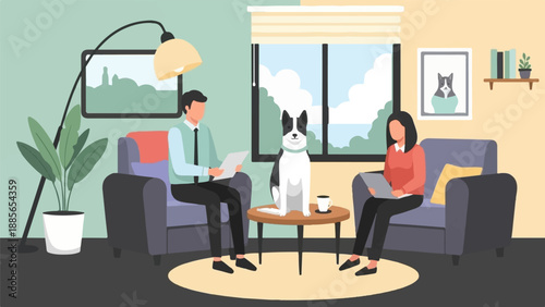 Diverse people in comfortable setting with dog, home office illustration