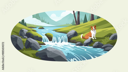 Dog sits by a lively stream flowing through a green, rocky landscape