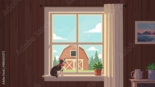 Dog sits on windowsill looking out at a barn scene