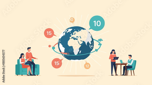 Diverse people interact near a globe with data points and growth indicators