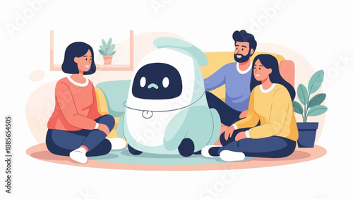 Diverse group of friends interacting with a cute robot in a cozy living room
