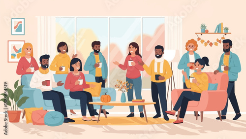 Diverse group of people enjoying hot drinks in a cozy living room setting