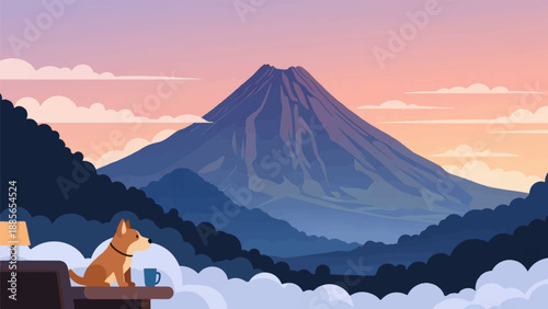Dog with coffee cup looks at mountain at sunrise/sunset