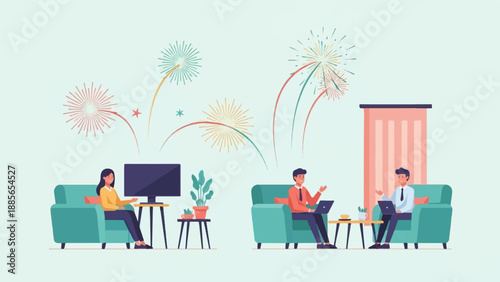 Diverse people relax indoors as colorful fireworks light up the sky