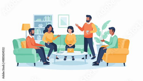 Diverse group of people gathered in a cozy living room, discussing ideas