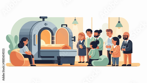 Diverse group observes woman in medical device