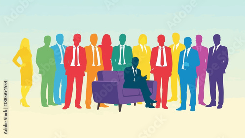 Diverse group of business people in colorful suits standing and one sitting on a couch