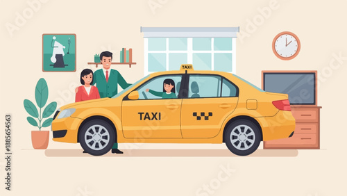 Diverse group inside a room with a yellow taxi and furniture