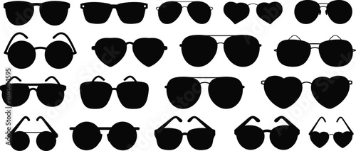 Eyeglasses and sunglasses silhouette set, fashion eyewear vector icons, stylish frame shapes, optical accessory design, black outline illustration, clipart collection