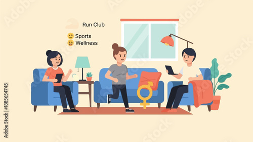 Diverse group engaging in running club activities and wellness in a cozy living room
