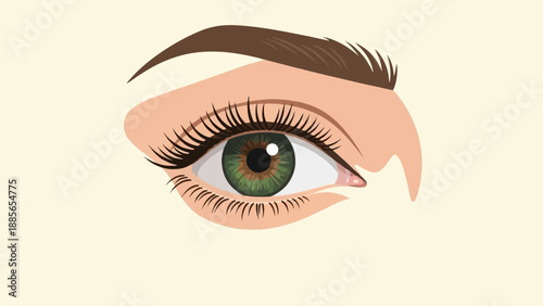 Detailed illustration of a striking green eye with long, dark lashes and well-defined brow