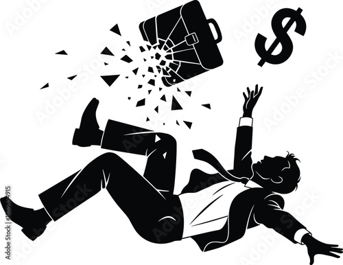 Falling businessman silhouette with shattered briefcase and money symbol representing financial crisis, economic loss, business failure, corporate risk, market downfall illustration, vector concept