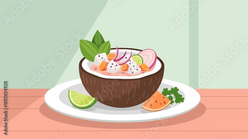 Delightful seafood ceviche served in a coconut shell on a plate