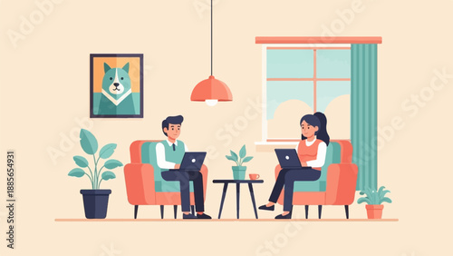 Diverse people working on laptops from cozy living room with plants