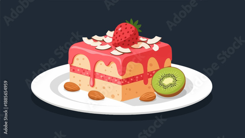 Delicious square cake with strawberry, kiwi, almonds, and coconut flakes