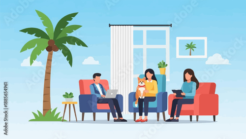 Diverse group relaxing in comfortable chairs indoors with palm tree view